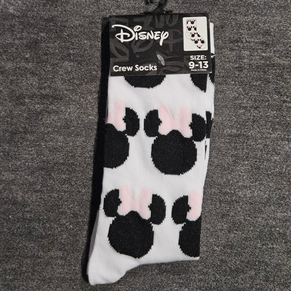 Disney Minnie Mouse White Crew Socks Pink Bow Silhouette Print Size 9-13 NEW